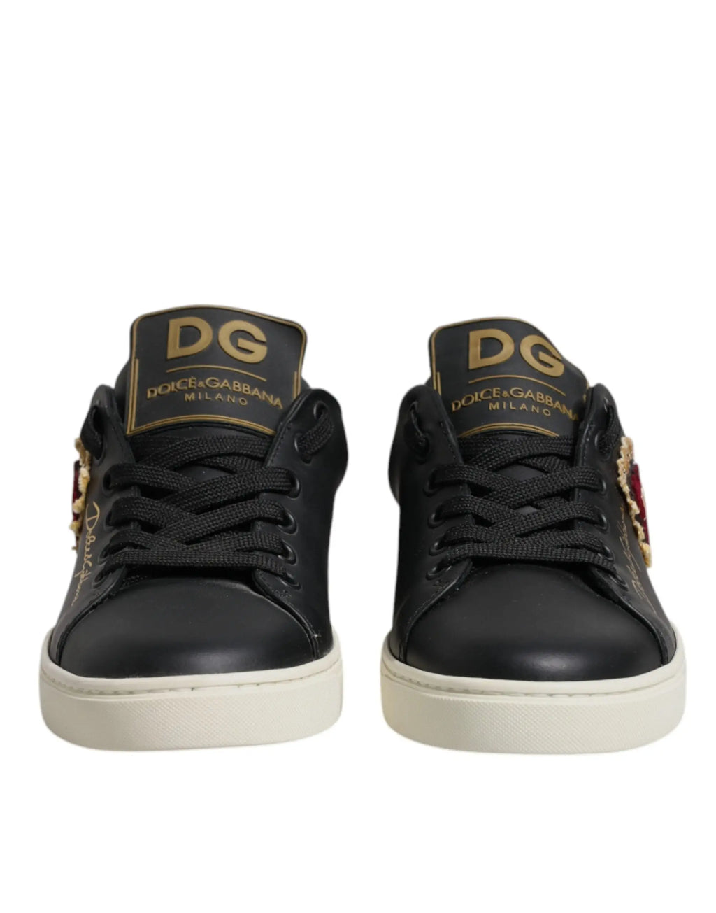 Baskets dolce & gabbana noires en cuir avec logo doré et détails floraux brodés sur les côtés