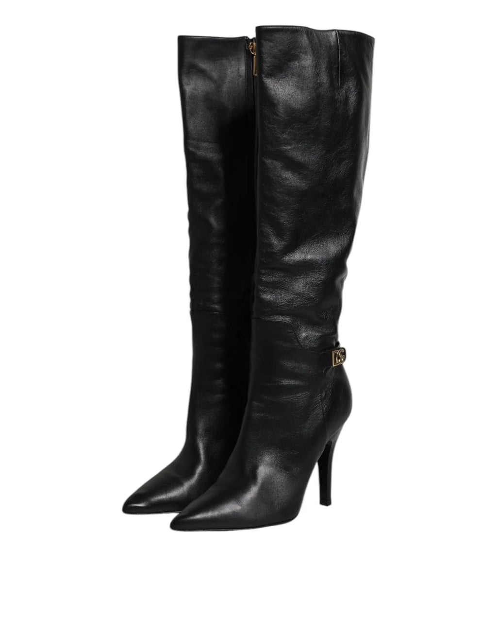 Dolce & gabbana bottes noires en cuir à talons aiguilles hauts avec bout pointu et détails en métal doré