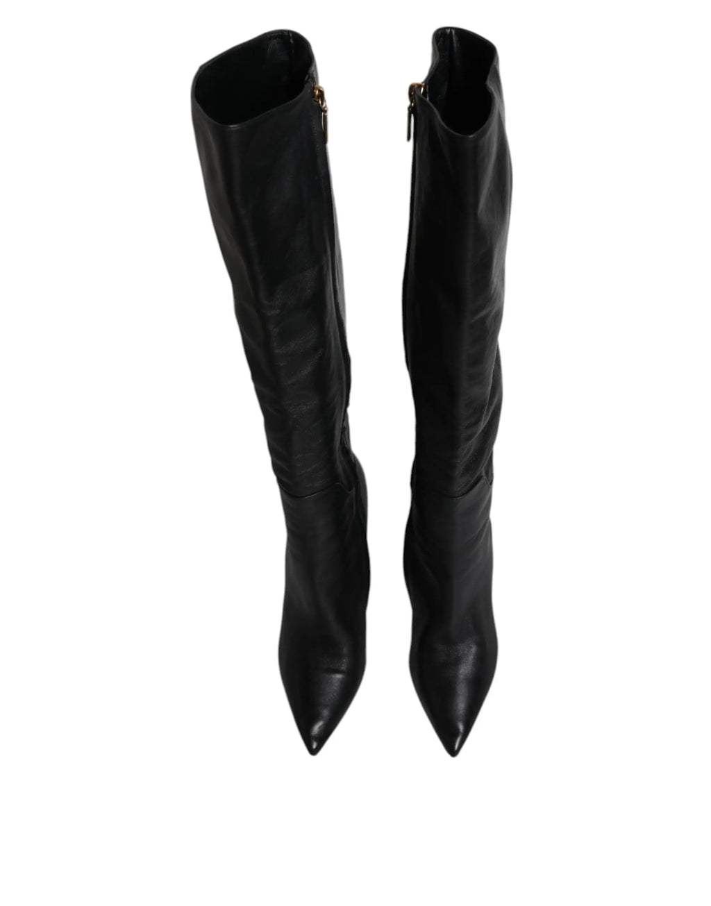 Dolce & gabbana bottes hautes en cuir noir avec talons pointus et fermetures éclair dorées