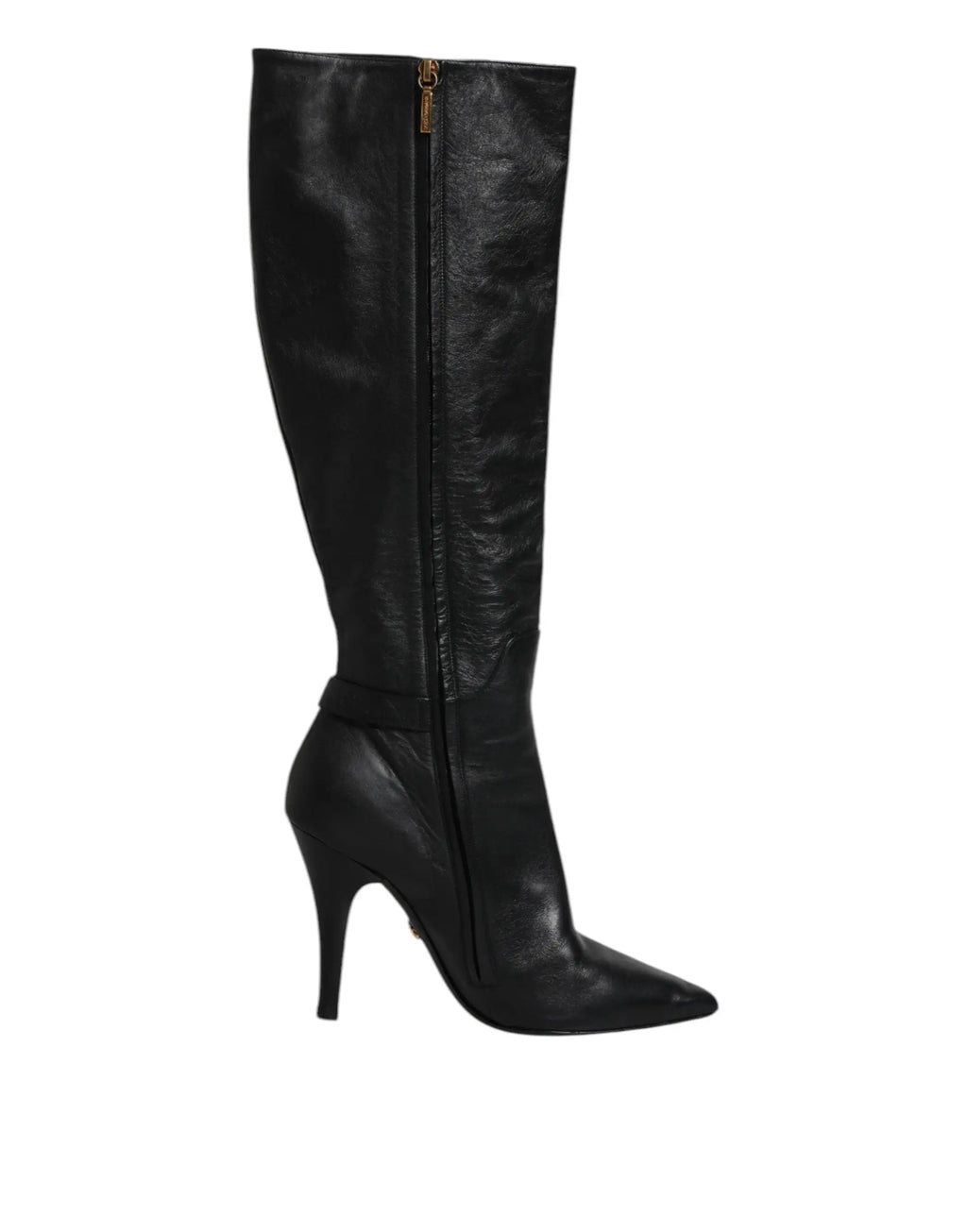 Botte noire dolce gabbana en cuir à talon haut et bout pointu montant jusqu’au genou