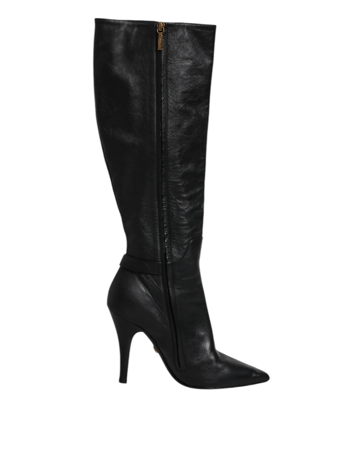 Botte noire dolce gabbana en cuir à talon haut et bout pointu montant jusqu’au genou