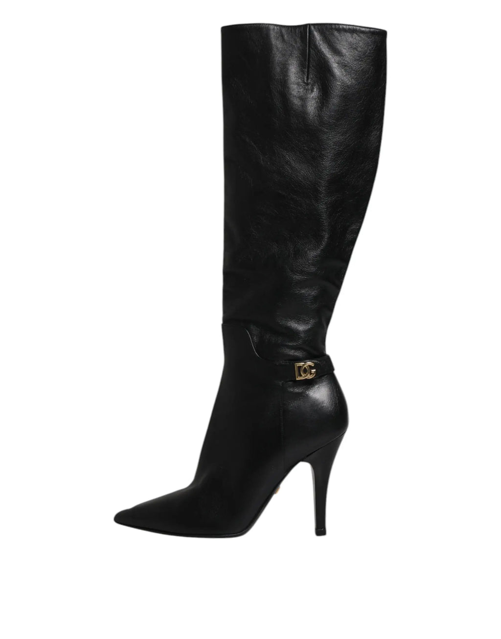 Bottes hautes dolce gabbana en cuir noir avec talons, bout pointu et boucle logo dc dorée