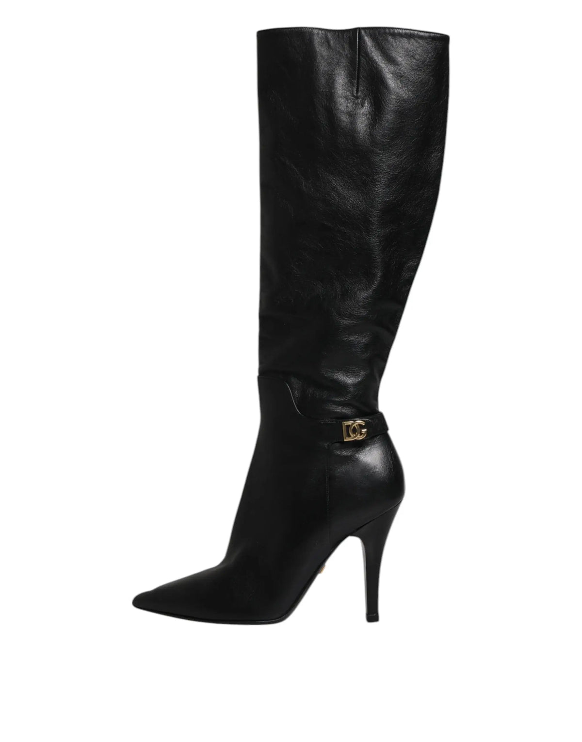 Bottes hautes dolce gabbana en cuir noir avec talons, bout pointu et boucle logo dc dorée
