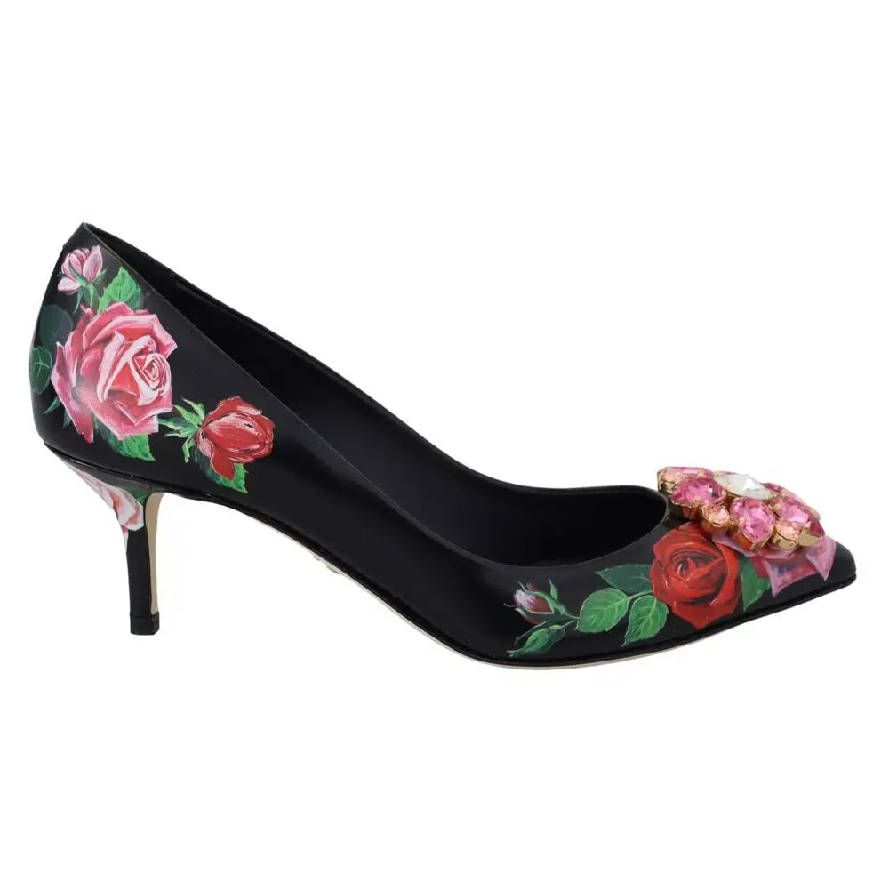 Dolce & Gabbana escarpin en cuir noir avec imprimé floral rose et rouge orné de pierres scintillantes au bout
