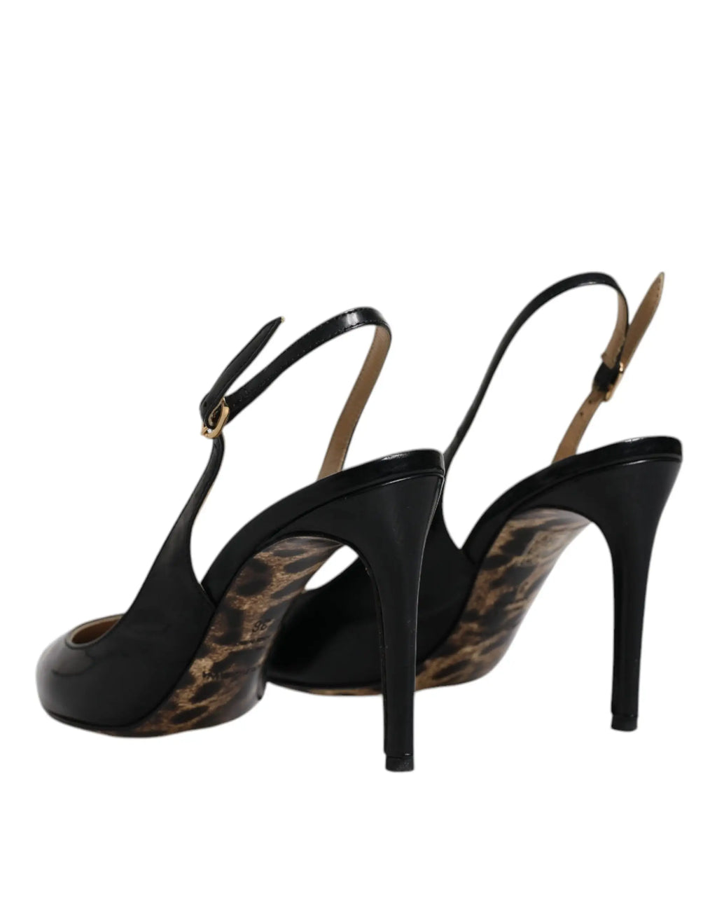 Dolce & gabbana black leather high heels slingbacks with black patent leather, leopard-print insole, and gold hardware