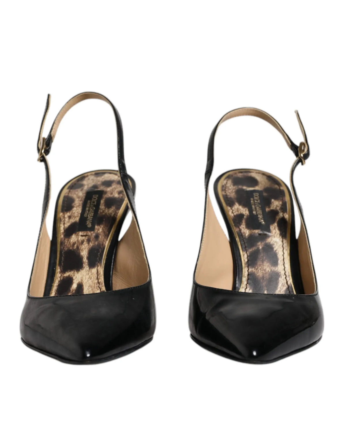 Dolce & gabbana escarpins slingbacks en cuir noir verni avec semelle léopard et boucle dorée