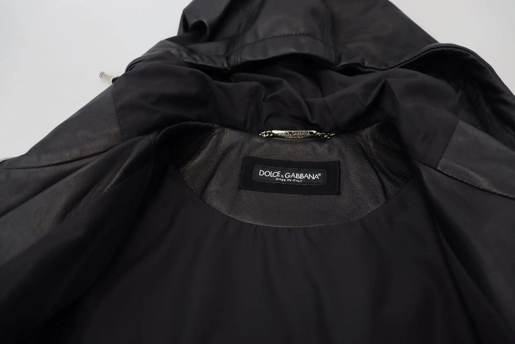 Dolce & gabbana blouson à capuche noir en cuir avec finition brillante et col orné de cuir subtil