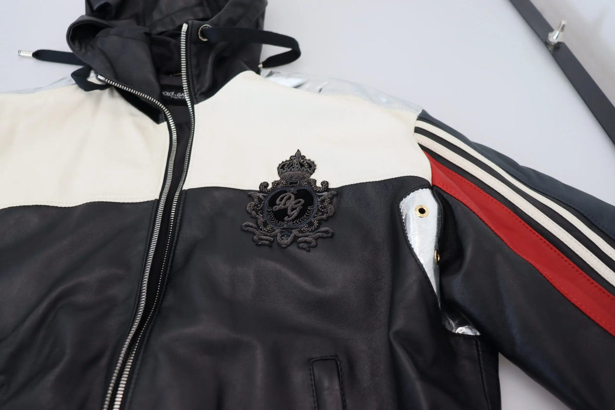 Dolce & gabbana blouson en cuir noir avec capuche, veste bomber noir et crème avec logo couronne et bandes rouges
