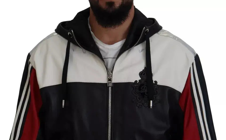 Dolce & gabbana black leather hooded blouson jacket color block black white and red with three stripes on sleeves