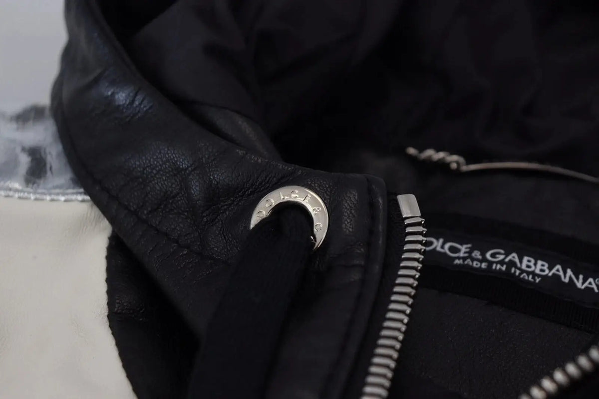 Veste blouson à capuche en cuir noir dolce & gabbana avec détails métalliques argentés et étiquette de marque