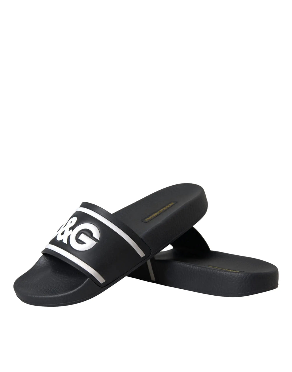 Sandales slides dolce gabbana noires en cuir avec logo blanc et bandes d&g