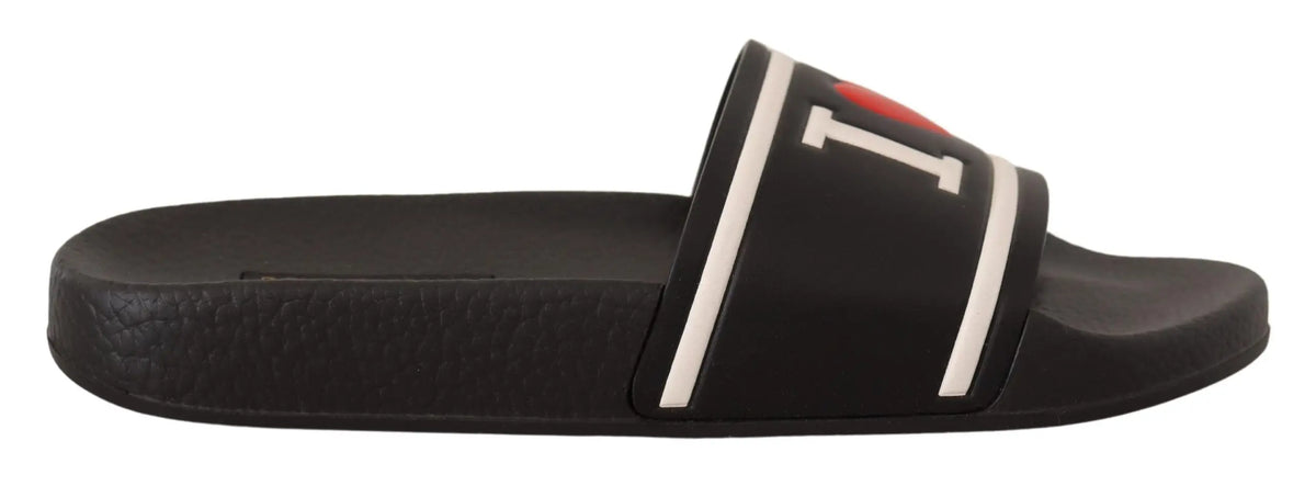 Dolce & gabbana black leather i love dg slides sandals en caoutchouc noir avec rayures blanches et logo cœur rouge