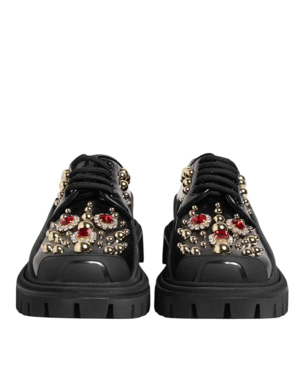 Dolce & gabbana derby shoes en cuir noir verni avec plateforme, ornés de cristaux rouges et de clous dorés