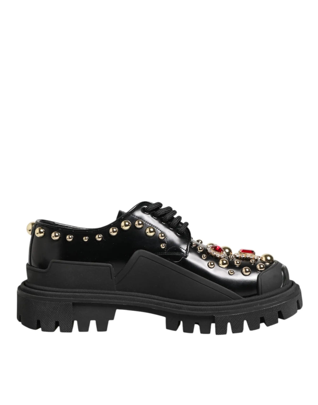 Dolce & gabbana derby noir en cuir verni avec lacets bijoux dorés et cristaux rouges sur le bout