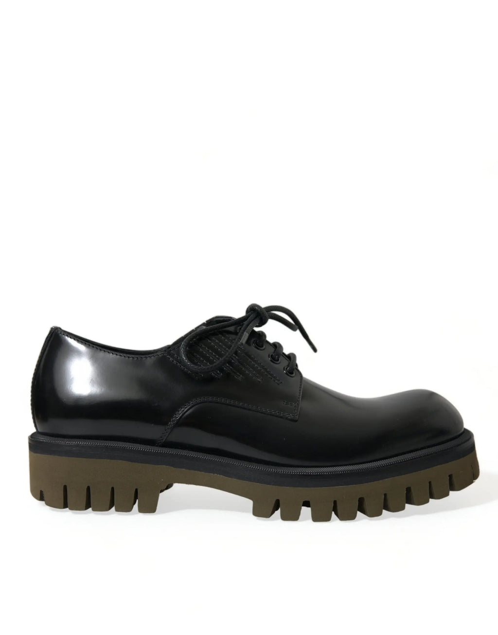 Dolce & gabbana derby homme noir en cuir verni avec semelle épaisse en caoutchouc vert olive