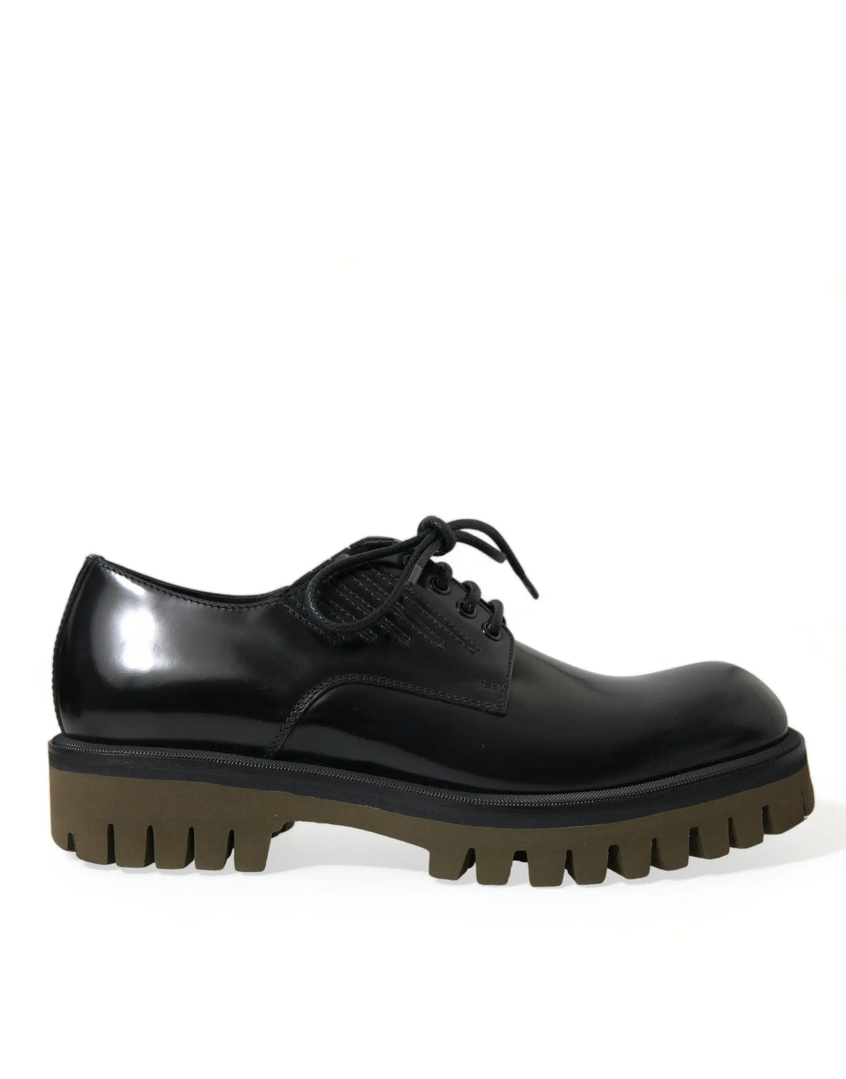 Dolce & gabbana derby homme noir en cuir verni avec semelle épaisse en caoutchouc vert olive