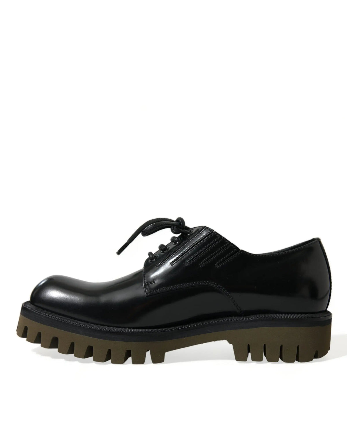 Dolce & Gabbana chaussure derby homme en cuir noir verni avec semelle gomme verte olive et lacets