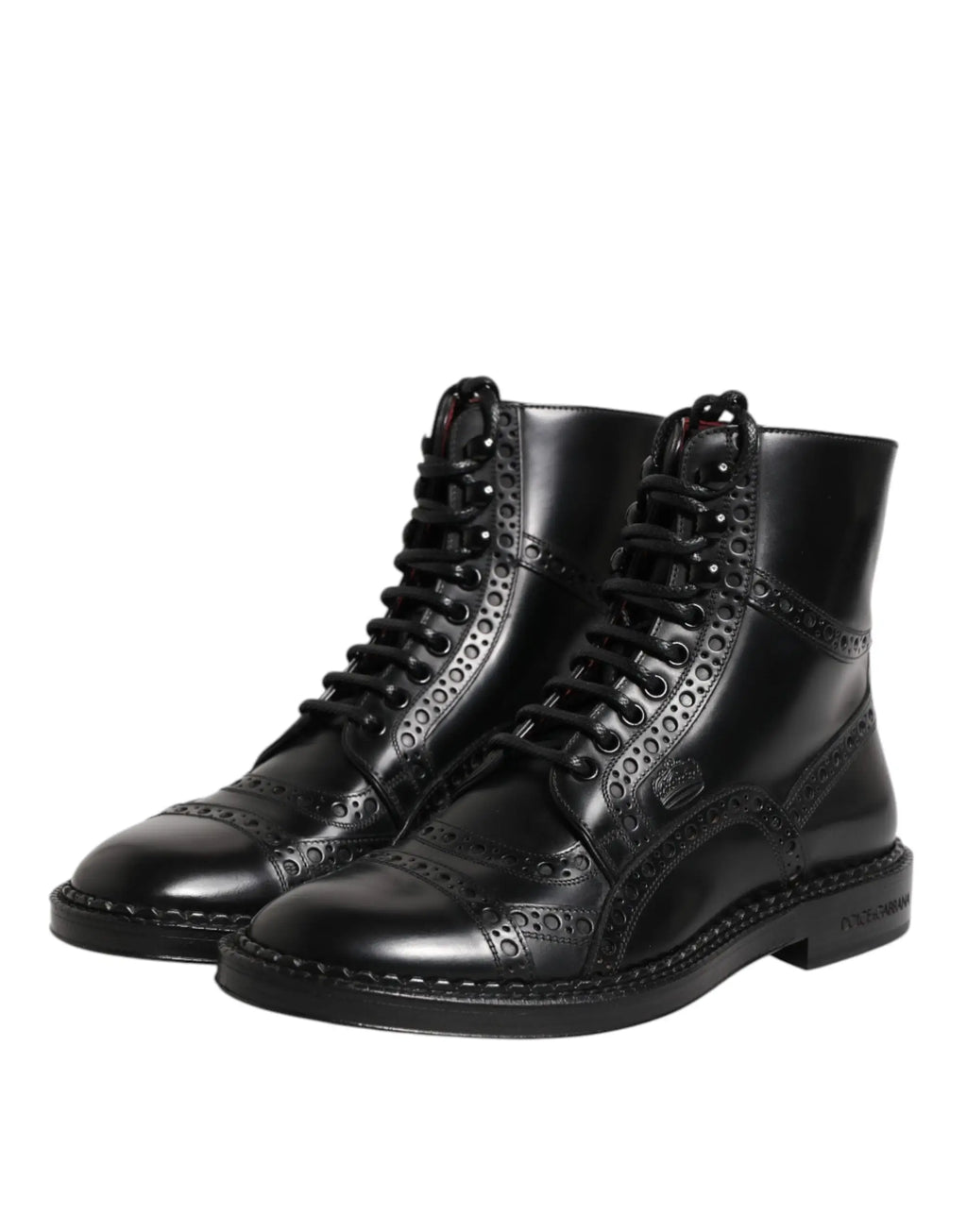 Dolce & gabbana bottes montantes mi mollet en cuir noir à lacets avec finition polie et détails perforés raffinés