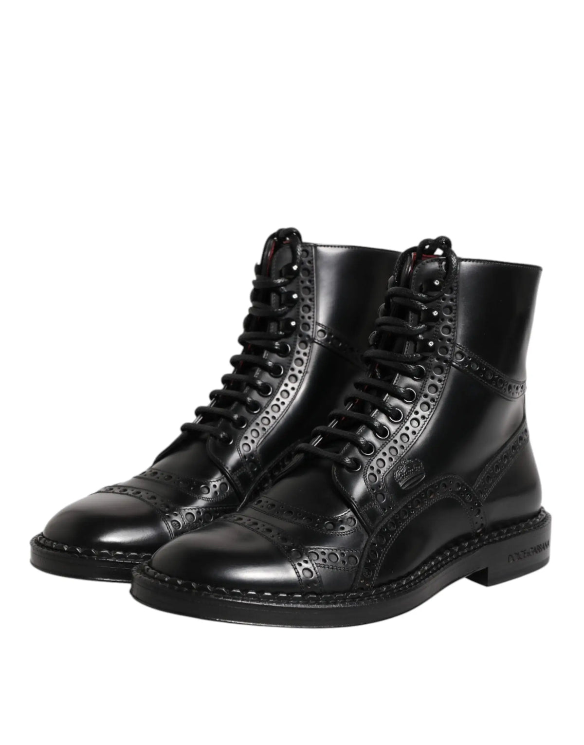 Dolce & gabbana bottes montantes mi mollet en cuir noir à lacets avec finition polie et détails perforés raffinés