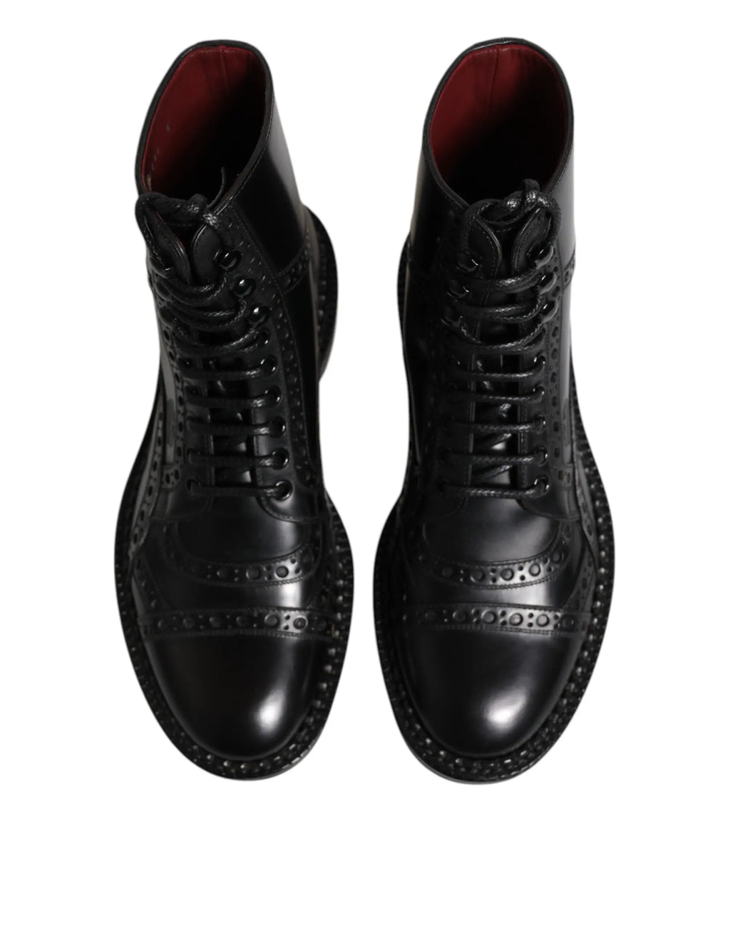 Dolce & Gabbana bottes mi-mollet en cuir noir avec finition brillante et doublure rouge, lacées et style brogue