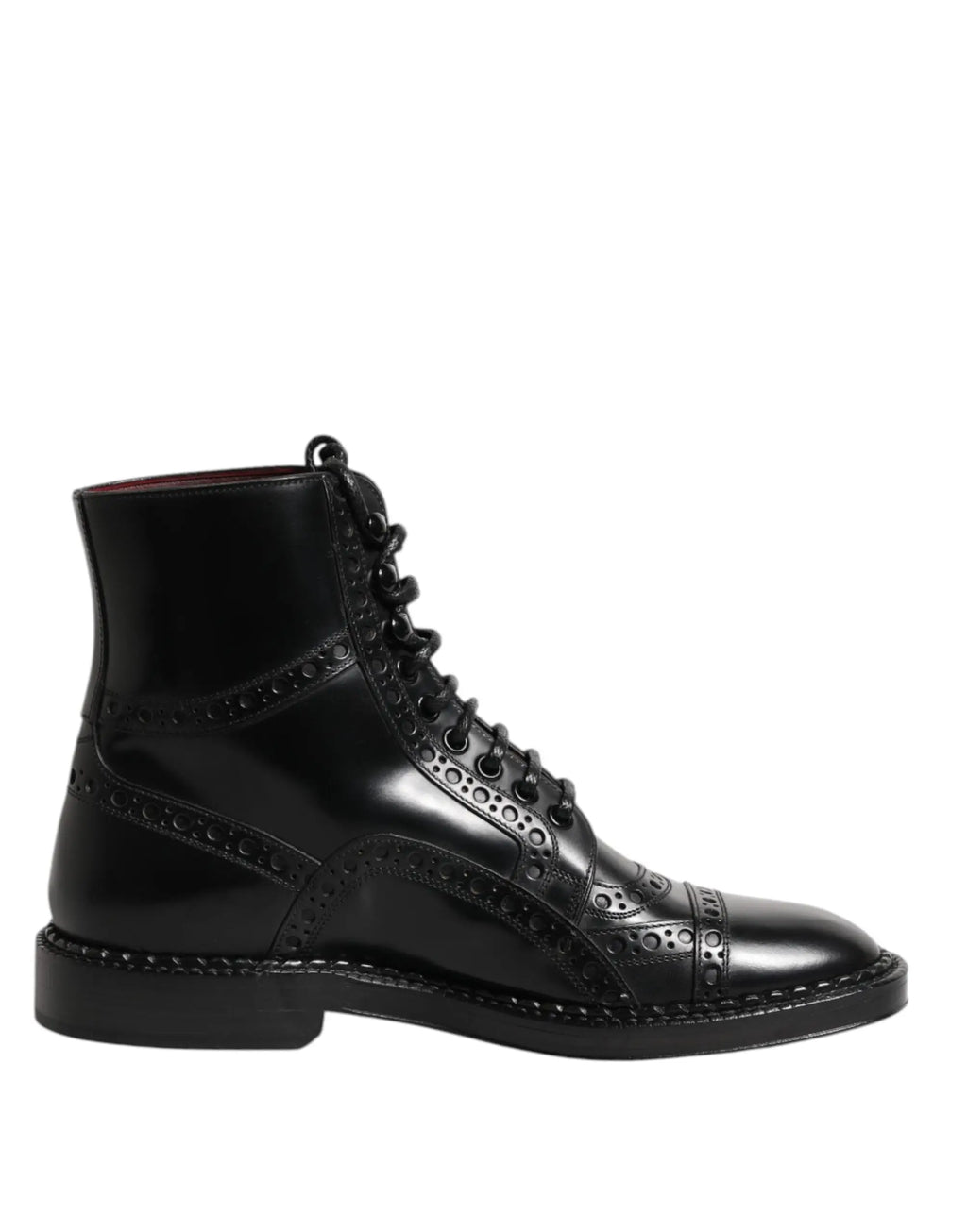 Dolce & gabbana bottes à lacets en cuir noir mi-mollet avec finitions vernis et détails perforés torsadés