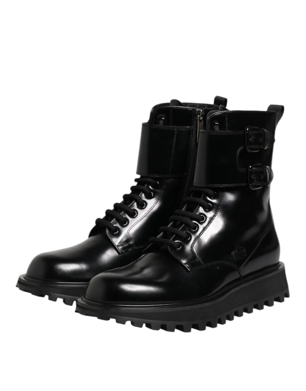 Dolce & gabbana bottes mi-mollet en cuir noir verni avec lacets, doubles boucles et semelle épaisse texturée