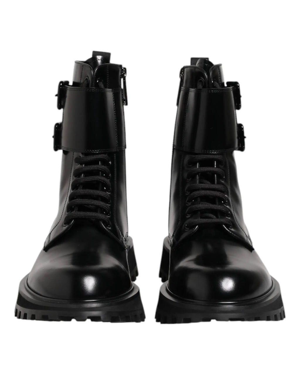 Bottes mi-mollet dolce & gabbana en cuir noir à lacets avec semelle épaisse et boucles ajustables en cuir verni