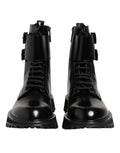 Bottes mi-mollet dolce & gabbana en cuir noir à lacets avec semelle épaisse et boucles ajustables en cuir verni