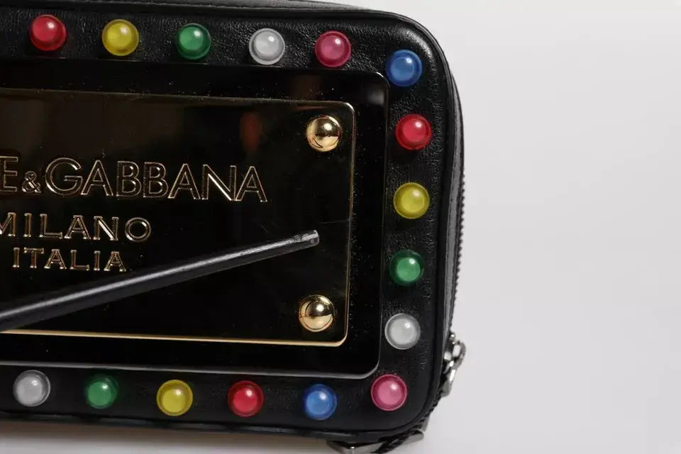 Dolce & gabbana black leather led logo wrist strap clutch bag with colorful glossy beads on edges