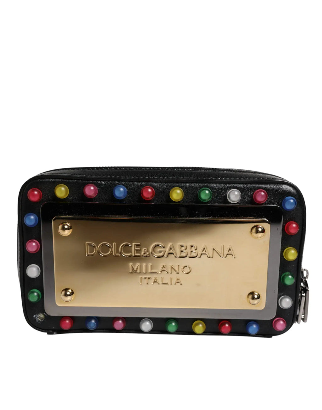 Pochette dolce & gabbana noire en cuir avec bracelet led logo et portefeuille zippé orné de pierres colorées sur plaque dorée