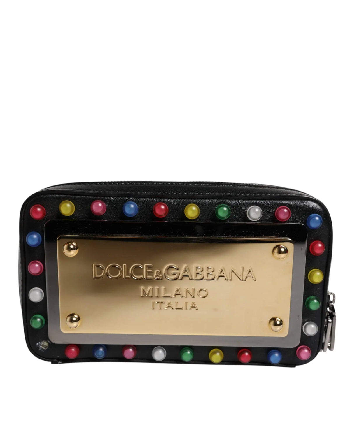 Pochette dolce & gabbana noire en cuir avec bracelet led logo et portefeuille zippé orné de pierres colorées sur plaque dorée