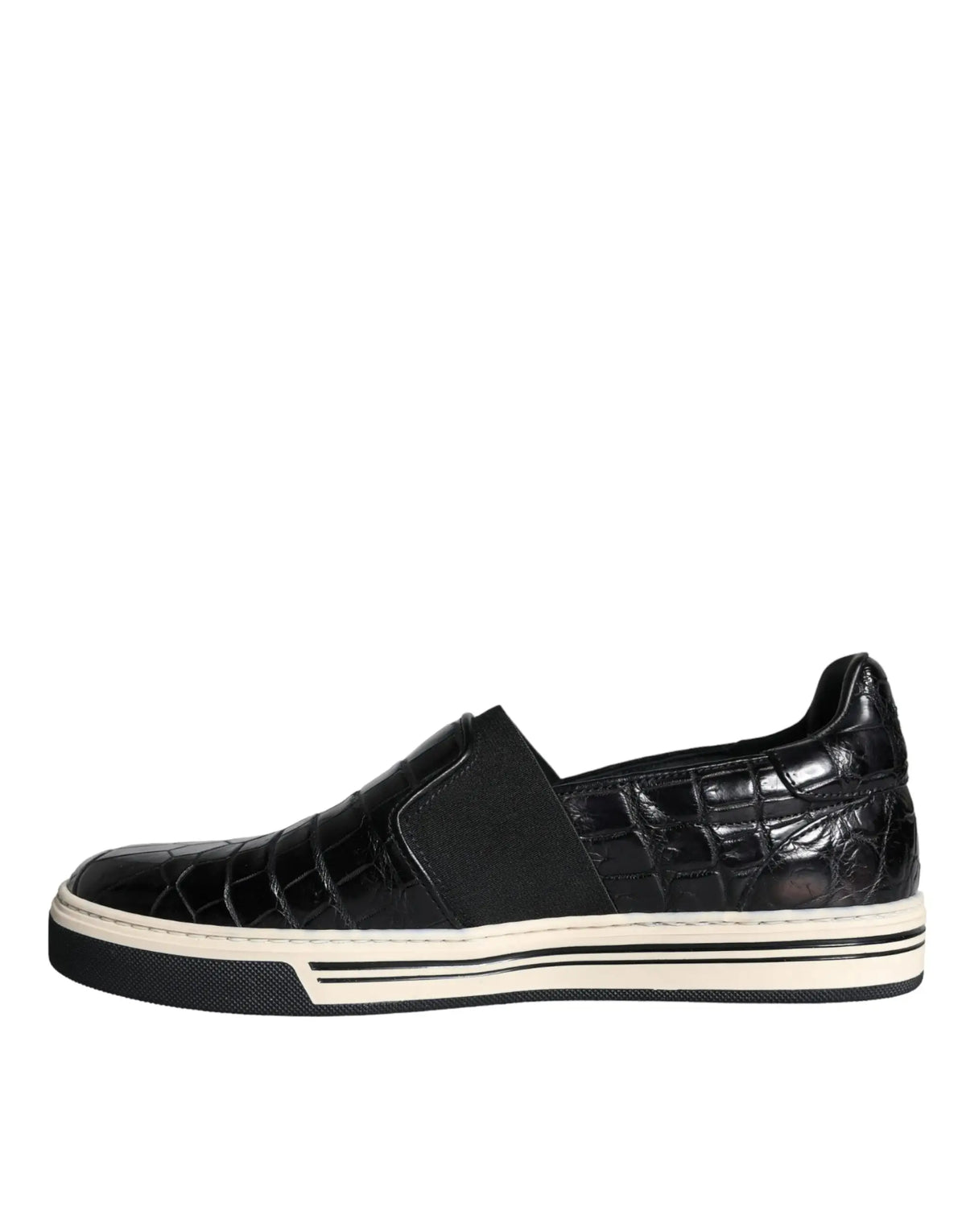 Dolce & gabbana mocassins noirs en cuir embossé croco avec semelle blanche en caoutchouc et sangle élastique noire