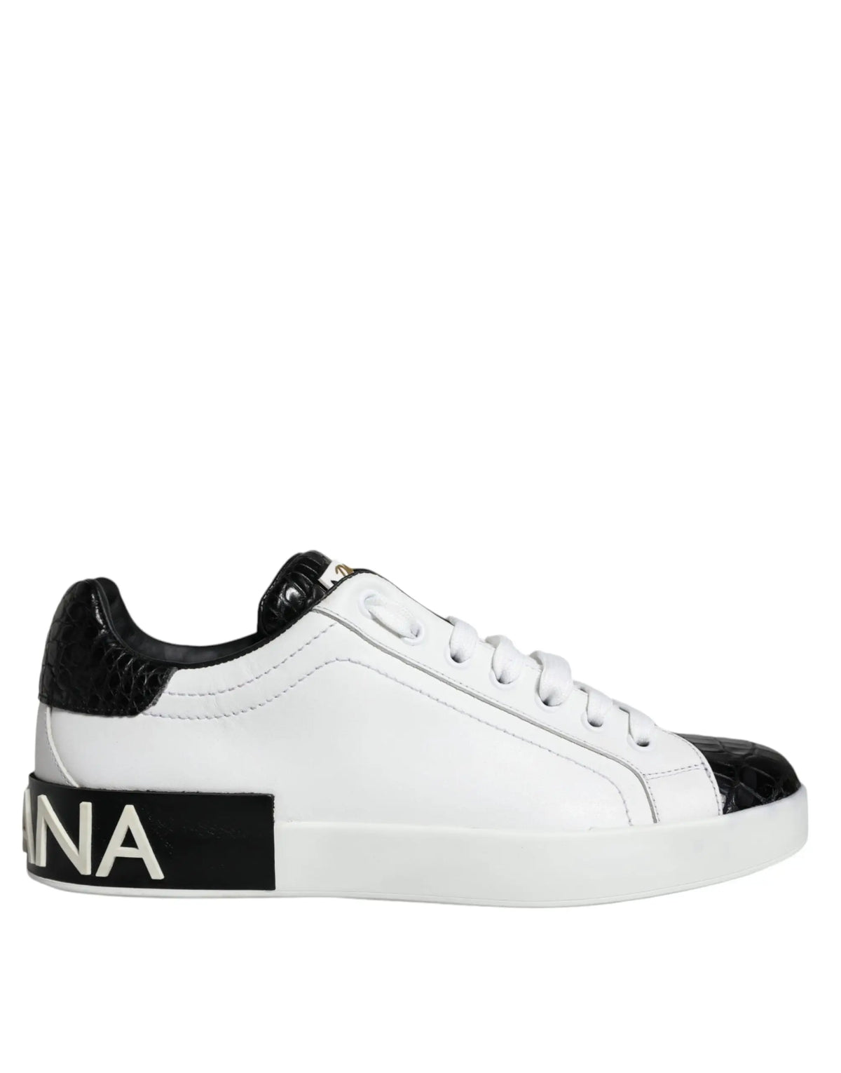Baskets dolce & gabbana portofino en cuir blanc avec accents noirs en cuir crocodile embossé et bande logo noire