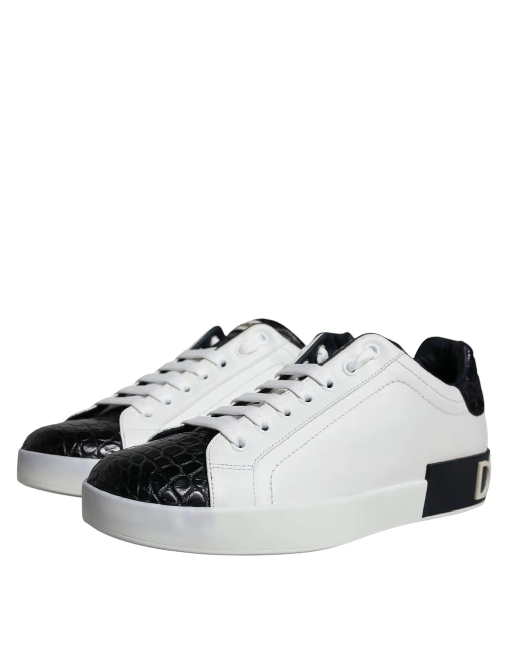 Baskets dolce & gabbana portofino en cuir noir et blanc avec bout embossé crocodile et logo sur le côté