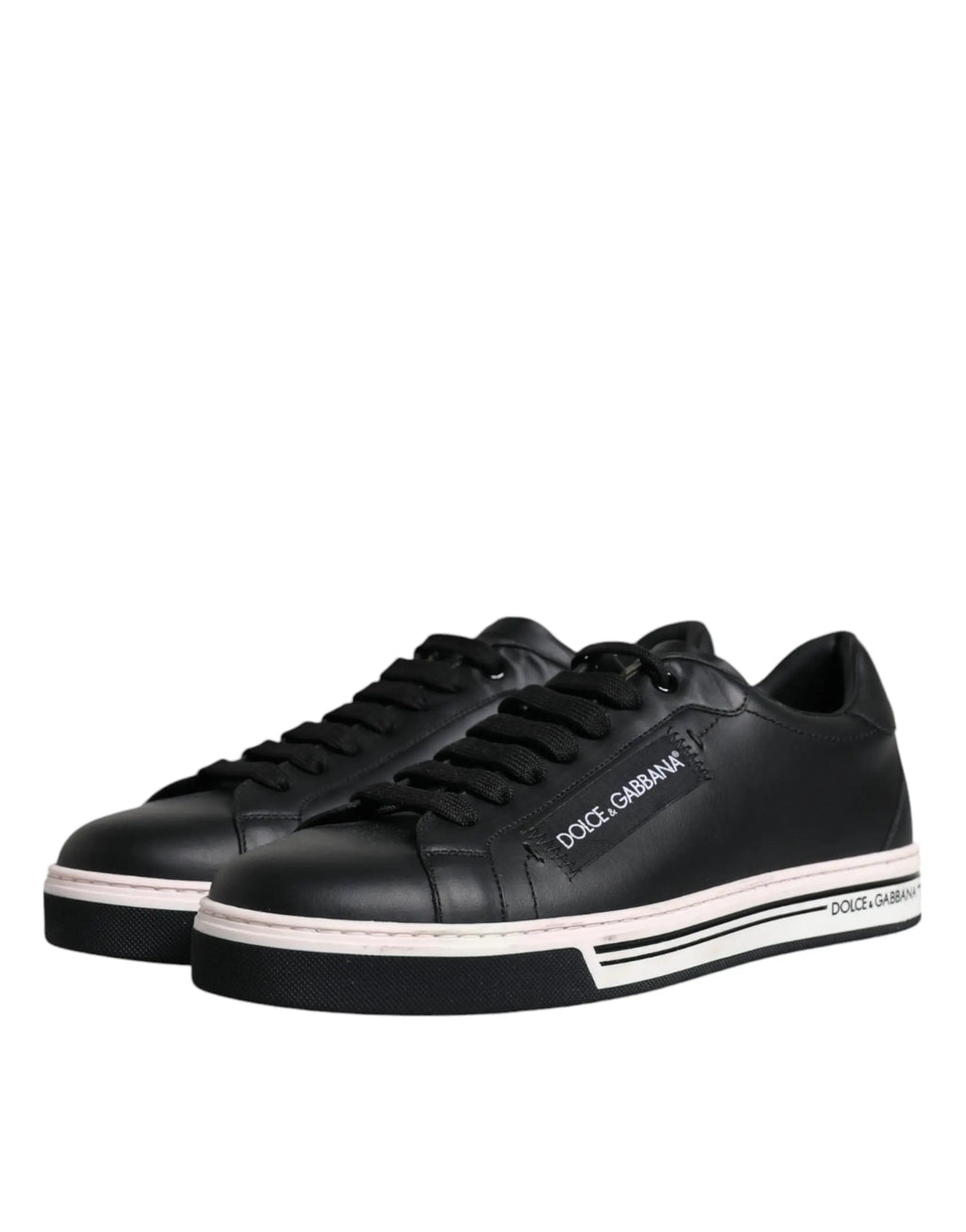 Dolce & gabbana baskets basses pour homme en cuir noir avec semelles blanches en caoutchouc et lacets noirs contrastants