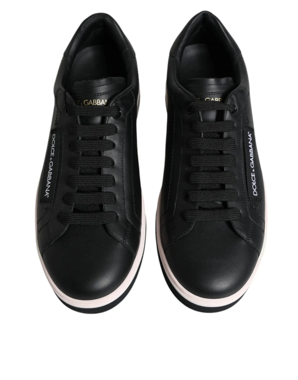 Baskets homme dolce et gabbana en cuir noir avec semelles blanches en caoutchouc et lacets noirs assortis