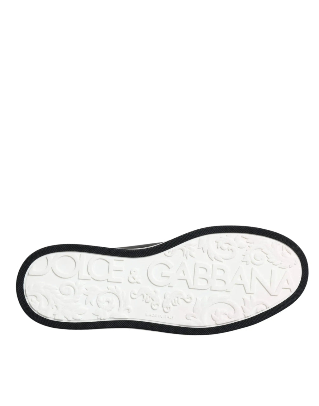 Semelle en caoutchouc blanche avec bordure noire et logo embossé dolce gabbana sur baskets basses en cuir noir homme