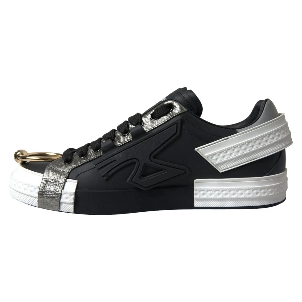 Baskets basses dolce & gabbana portofino noires en cuir texturé avec anneau métal doré et semelles blanches superposées