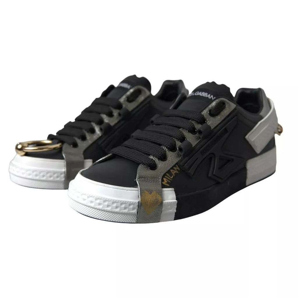 Baskets basses dolce & gabbana portofino en cuir noir et argent avec accents métalliques dorés et semelles blanches en caoutchouc