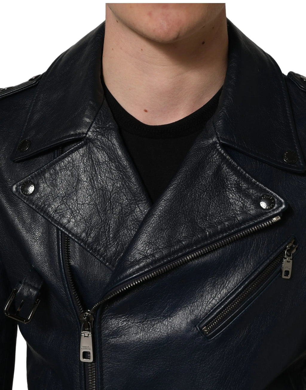 Veste motard pour hommes dolce & gabbana en cuir de chèvre noir avec fermetures éclair et boutons-pression argentés