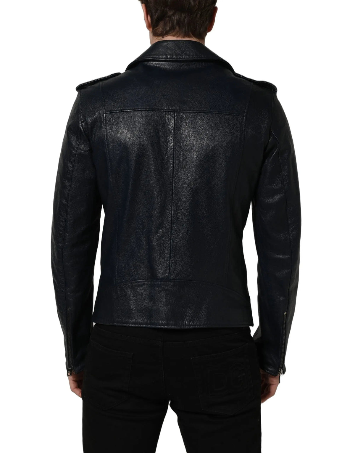 Veste motard en cuir noir dolce & gabbana pour homme en peau de chèvre avec finition classique légèrement usée et épaulettes structurées
