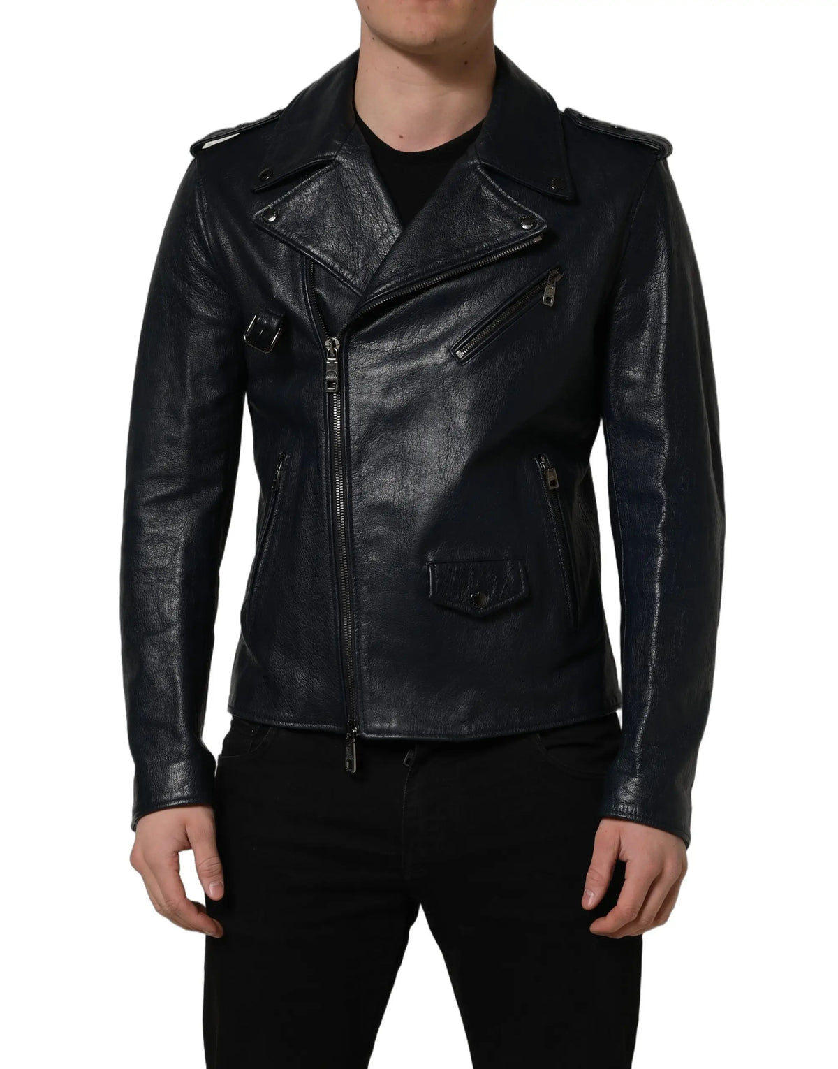 Dolce & gabbana veste motard pour homme en cuir de chèvre noir avec col classique poches zippées et épaulettes