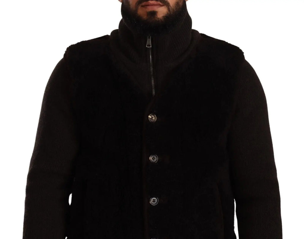 Dolce & Gabbana manteau homme noir en cuir avec doublure en shearling col montant et boutons argentés