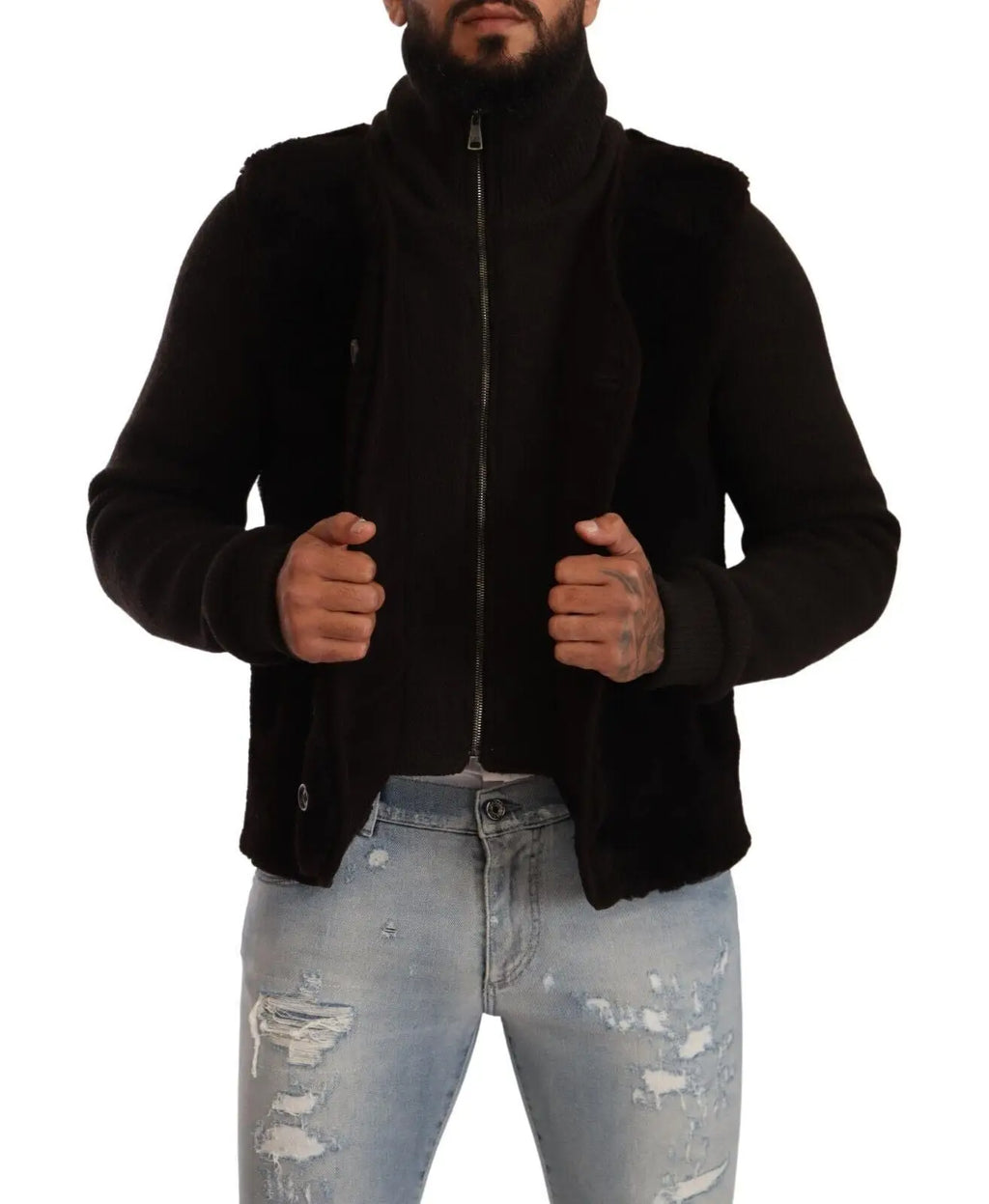 Dolce & gabbana veste homme noire en cuir avec col roulé et doublure en shearling texturée