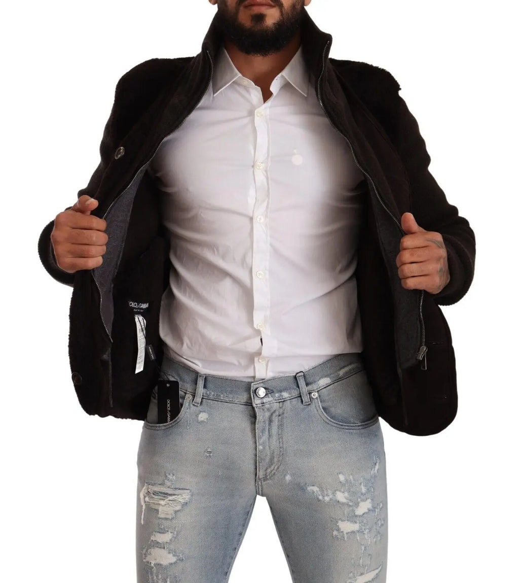 Veste dolce & gabbana en cuir noir doublée de shearling avec fermeture éclair et col à boutons pour homme