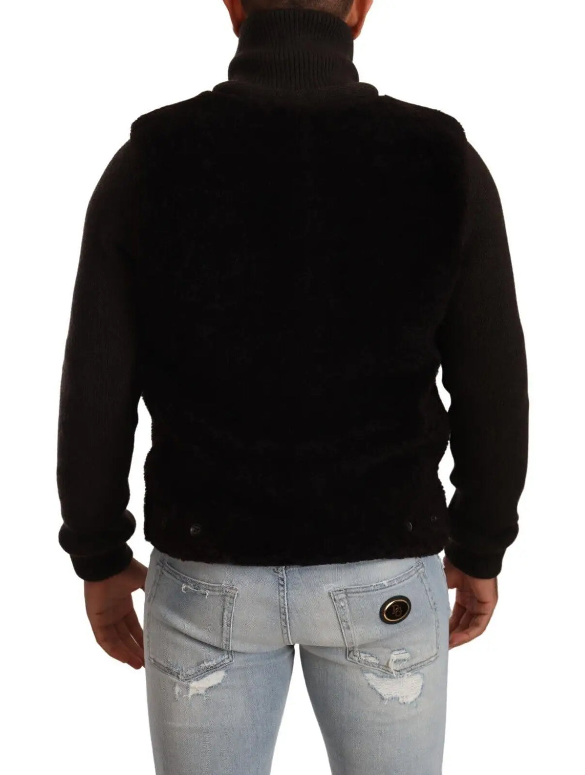 Dolce & gabbana veste noire pour homme en cuir avec col roulé et bordure en shearling noir et poignets côtelés