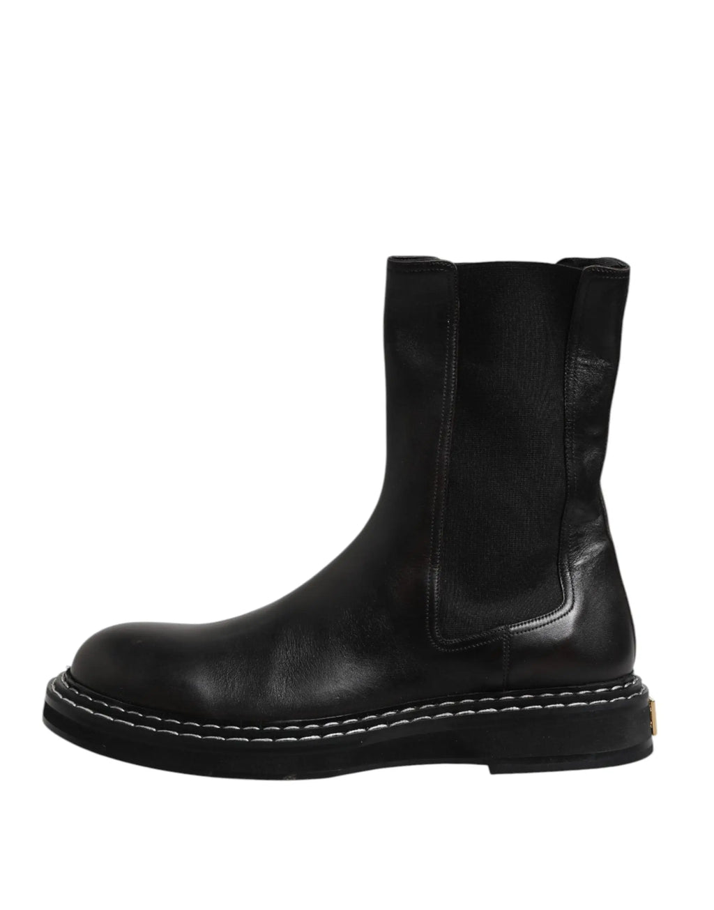 Botte noire mi-mollet en cuir dolce gabbana avec couture blanche et petit logo doré au talon, vue arrière