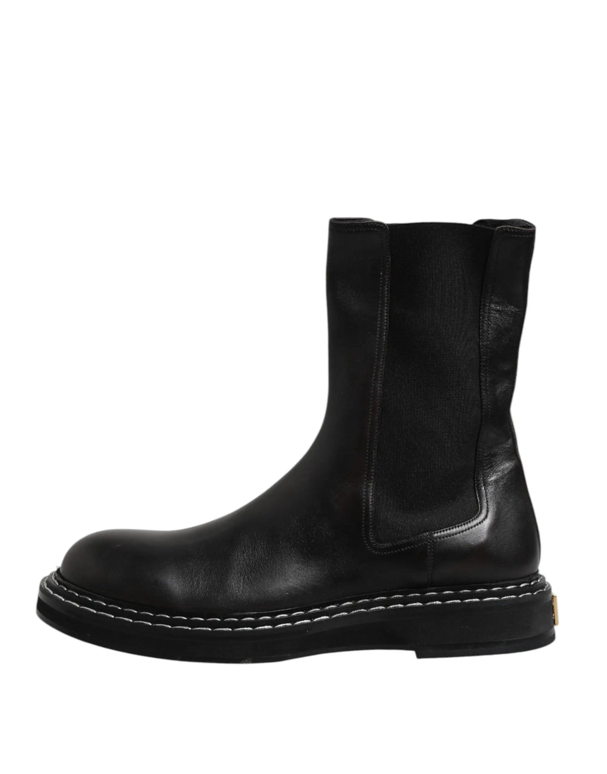 Botte noire mi-mollet en cuir dolce gabbana avec couture blanche et petit logo doré au talon, vue arrière