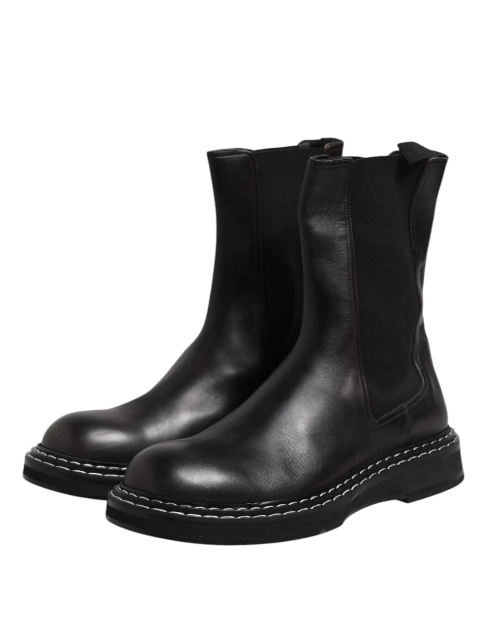 Dolce & gabbana bottes plates mi-mollet en cuir noir avec surpiqûres blanches et panneaux élastiques côtés