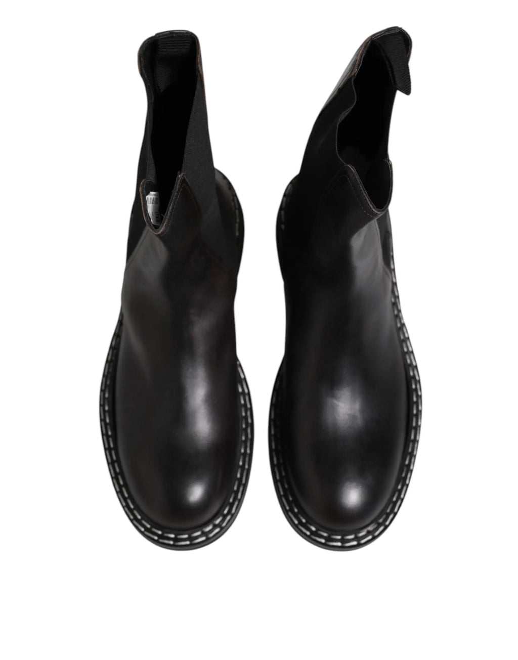 Dolce & gabbana bottes plates mi-mollet en cuir noir avec finition brillante et couture blanche contrastante